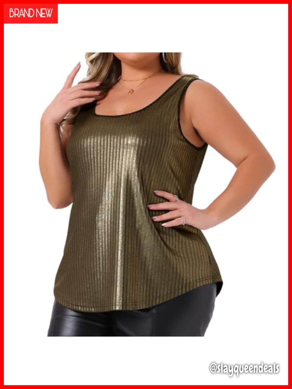Plus Size Metallic Shiny Sleeveless Square Neck Tank Top